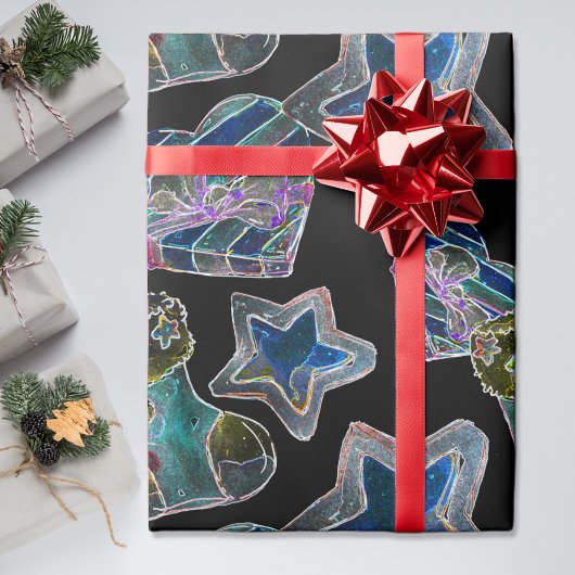 Black Light Neon Weihnachts Herzmuster Geschenkpapier