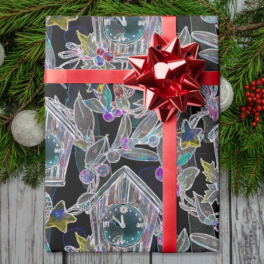 Black Light Neon Weihnachtsuhr Muster Geschenkpapier
