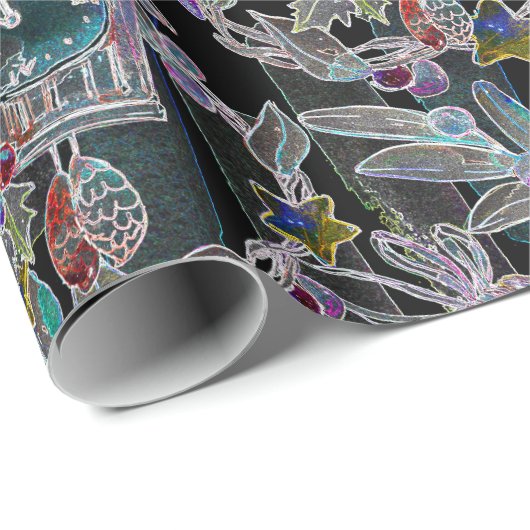 Black Light Neon Weihnachtsuhr Muster Geschenkpapier (Rolleneckpunkt)