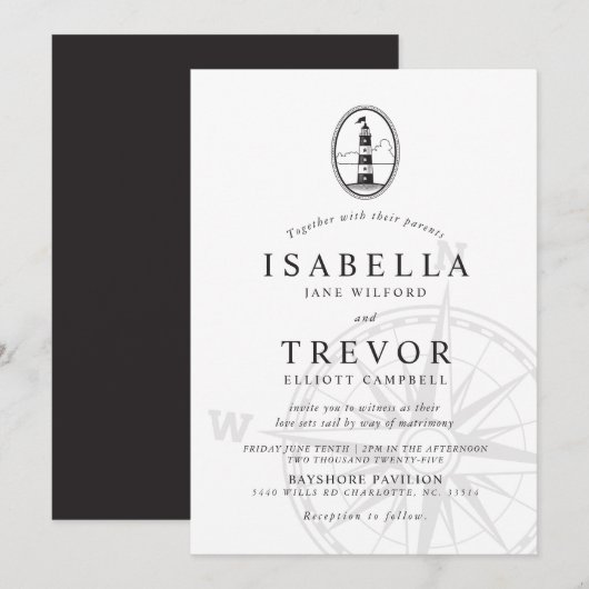 Black Lighthouse Nautical Wedding Einladung (Vorne/Hinten)