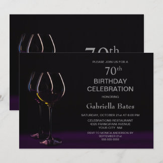 Black Lila 70. Geburtstag Weinglas Party Einladung