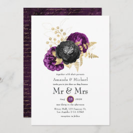 Black Lila and Gold Floral Gothic Wedding Einladung