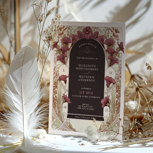 Black Lila Calla Lily Wedding Art Nouveau Mucha Einladung