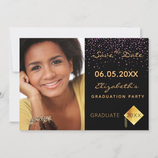 Black lila Confetti Graduation Party Save The Date (Vorderseite)