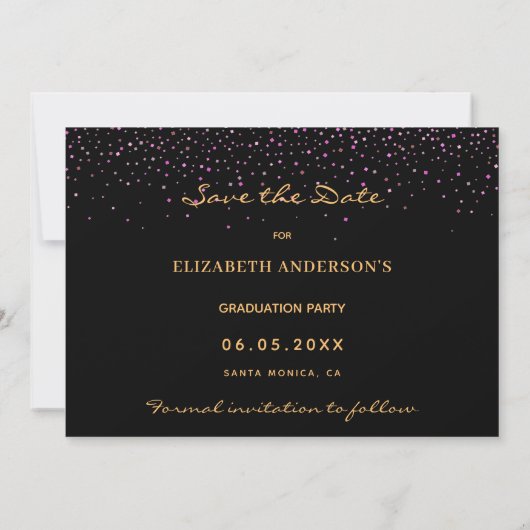 Black lila Confetti Graduation Party Save The Date (Rückseite)