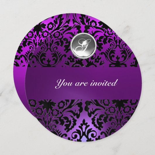 BLACK & LILA DAMASK GEM STONE MONOGRAMM EINLADUNG (Vorne/Hinten)