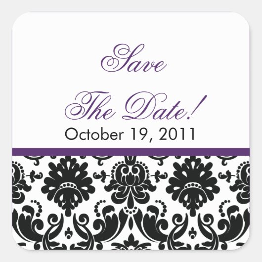 Black & Lila Damask Save the Date Hochzeitsstift S Quadratischer Aufkleber (Vorderseite)