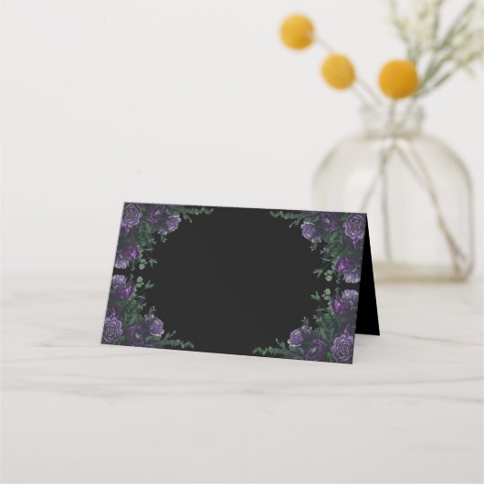 Black Lila Floral Elegante Wedding Gothic Platzkarte (Vorderseite)