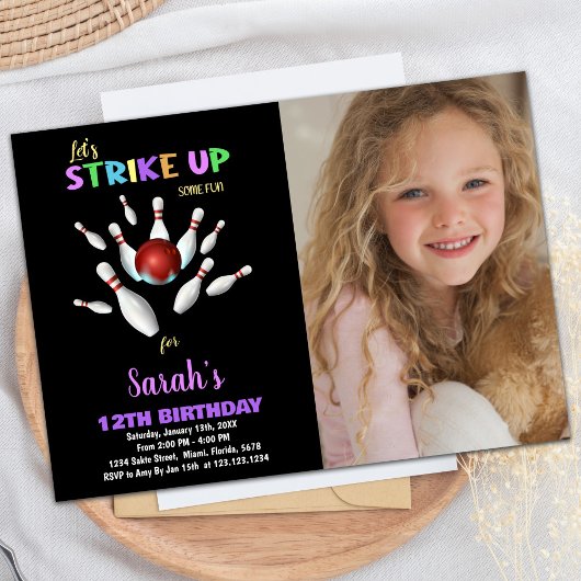 Black Lila Foto Bowling Geburtstagseinladungen Einladung