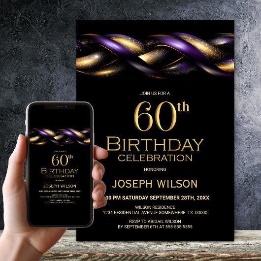 Black Lila Gold 60. Geburtstagsparty Einladung