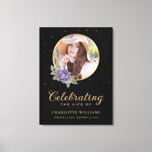 Black Lila Gold Floral Begrüßungszeichen Leinwanddruck (Vorderseite)