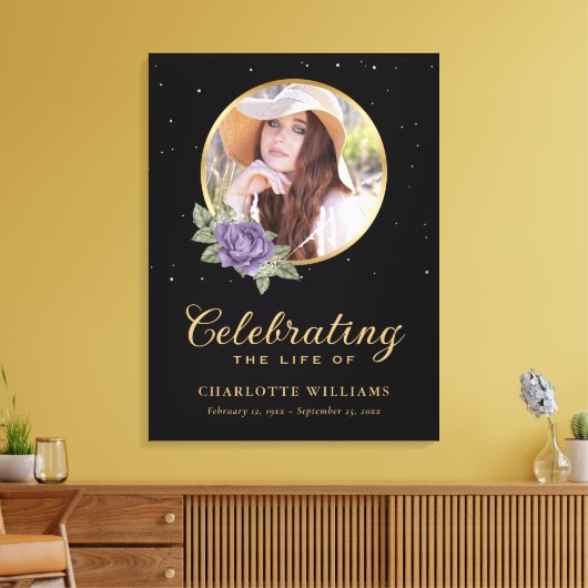 Black Lila Gold Floral Begrüßungszeichen Leinwanddruck (Insitu (Wohnzimmer))