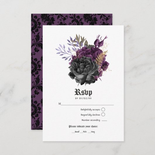 Black Lila Gold Floral Gothic Wedding RSVP Karte (Vorne/Hinten)