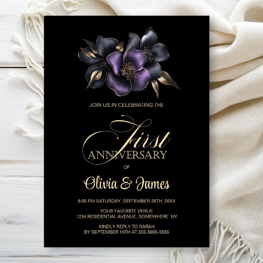 Black Lila Gray Floral 1. Hochzeitstag Einladung