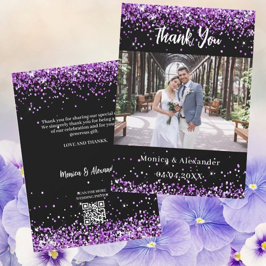 Black lila Hochzeit Foto QR Dankeschön Karte