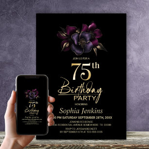 Black Lila Pink Floral 75. Geburtstagsparty Einladung