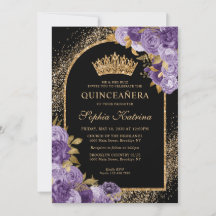 Black Lila Plum Gold Glitzer Floral Quinceanera