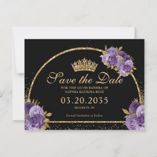 Black Lila Plum Gold Glitzer Floral Quinceanera Postkarte