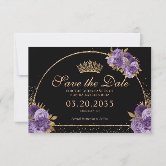 Black Lila Plum Gold Glitzer Floral Quinceanera Save The Date (Vorderseite)