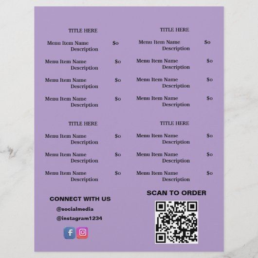 Black Lila Restaurant Take Out Menü mit QR Code (Hinten)