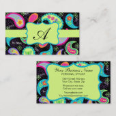 Black Lime Green Modern Paisley Pattern Monogram Visitenkarte (Vorne/Hinten)