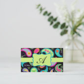 Black Lime Green Modern Paisley Pattern Monogram Visitenkarte (Stehend Vorderseite)