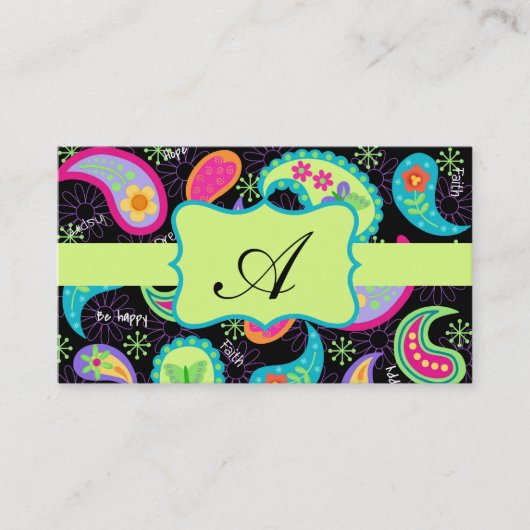 Black Lime Green Modern Paisley Pattern Monogram Visitenkarte (Vorderseite)