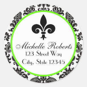 Black & Limon Damask Fleur De Lys-Adressetikett Runder Aufkleber