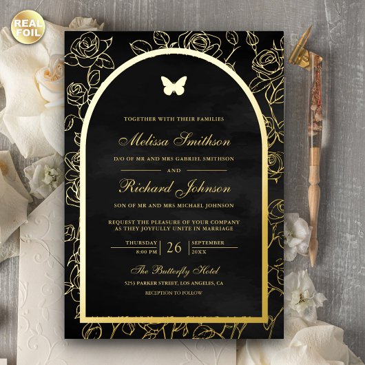 Black Line Art Arch Butterfly Hochzeit Folieneinladung