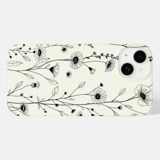Black Line Art Floral Cream iPhone Case (Rückseite (Horizontal))
