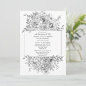 Black Line Florals Beerdigung des Lebens Einladung (Stehend Vorderseite)