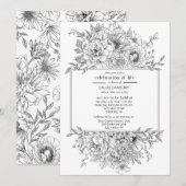 Black Line Florals Beerdigung des Lebens Einladung (Vorne/Hinten)