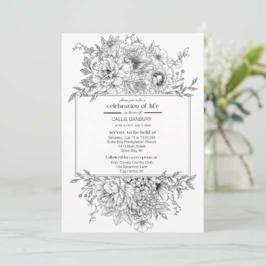 Black Line Florals Beerdigung Foto Einladung (Stehend Vorderseite)