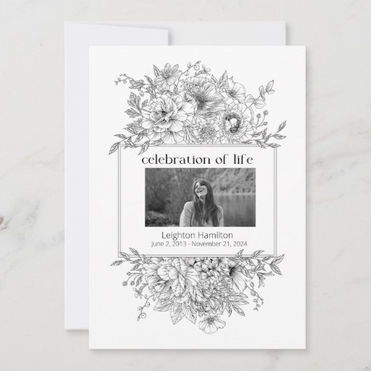 Black Line Florals Foto Beerdigung Programm (Vorderseite)