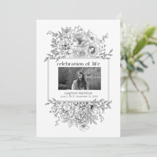 Black Line Florals Foto Beerdigung Programm (Stehend Vorderseite)