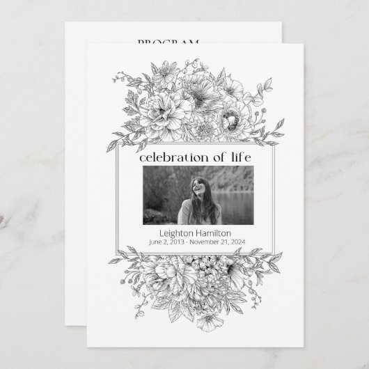 Black Line Florals Foto Beerdigung Programm (Vorne/Hinten)