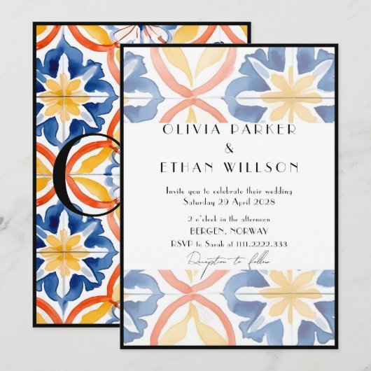 Black Lined Summer Spanish Tiled Wedding Einladung (Vorne/Hinten)
