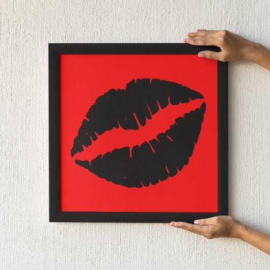 Black Lipstick Kiss Graphic on Red Poster