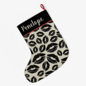 Black Lipstick Kiss Pattern Beige Großer Weihnachtsstrumpf (Rückseite (Hängend))