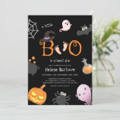 Black Little Boo Halloween Spooky Baby Dusche Einladung (Stehend Vorderseite)