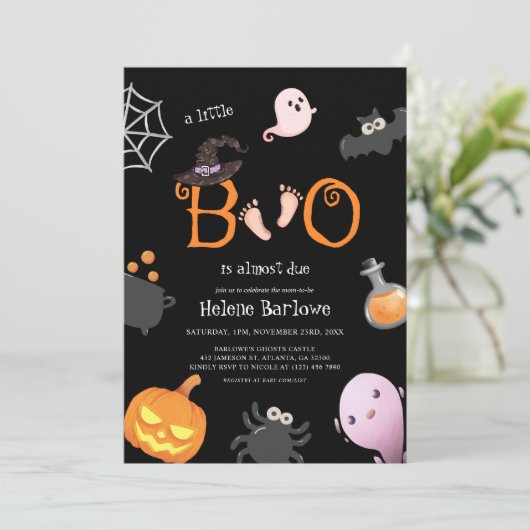 Black Little Boo Halloween Spooky Baby Dusche Einladung (Stehend Vorderseite)