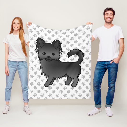 Black Long Coat Chihuahua Cartoon Dog & Paws Fleecedecke (Beispiel)