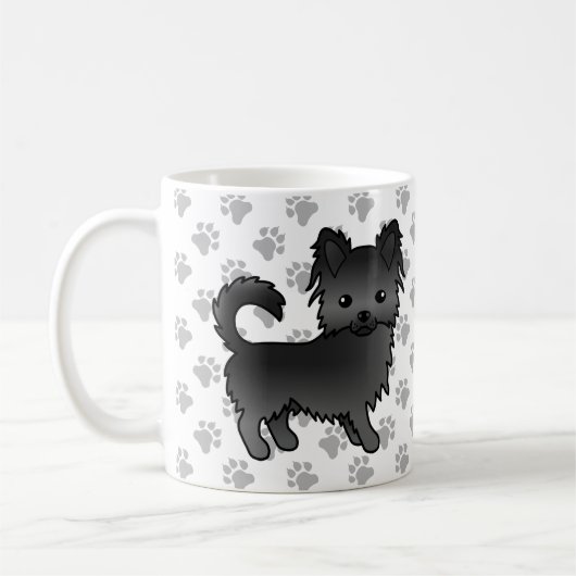 Black Long Coat Chihuahua Cartoon Dog & Paws Kaffeetasse (Links)