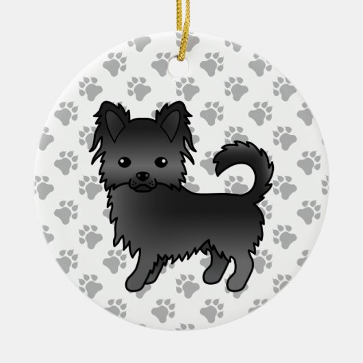 Black Long Coat Chihuahua Cartoon Dog & Paws Keramik Ornament (Vorne)