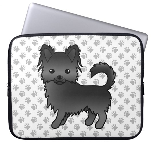 Black Long Coat Chihuahua Cartoon Dog & Paws Laptopschutzhülle (Vorderseite)