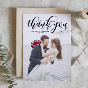 Black Lovely Modern Calligraphy Foto Wedding Dankeskarte