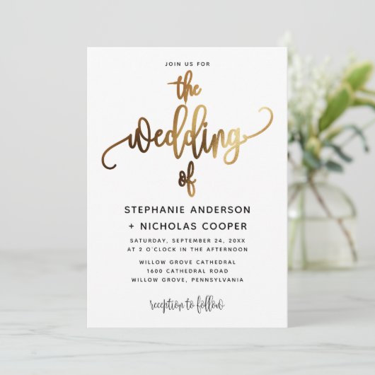 Black Lovely Script Typografy Wedding Gold Einladung (Stehend Vorderseite)