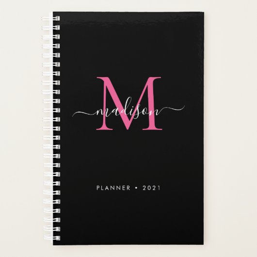Black Magenta Pink Girly Monogram Script Name 2021 Planer (Vorderseite)