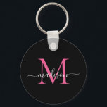 Black Magenta Pink Monogram Name Elegantes Skript Schlüsselanhänger<br><div class="desc">Einfache Schwarz Magenta Hot Pink Monogram Eleganter Moderner Script Schlüsselanhänger</div>