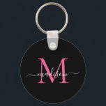 Black Magenta Pink Monogram Name Elegantes Skript Schlüsselanhänger<br><div class="desc">Einfache Schwarz Magenta Hot Pink Monogram Eleganter Moderner Script Schlüsselanhänger</div>